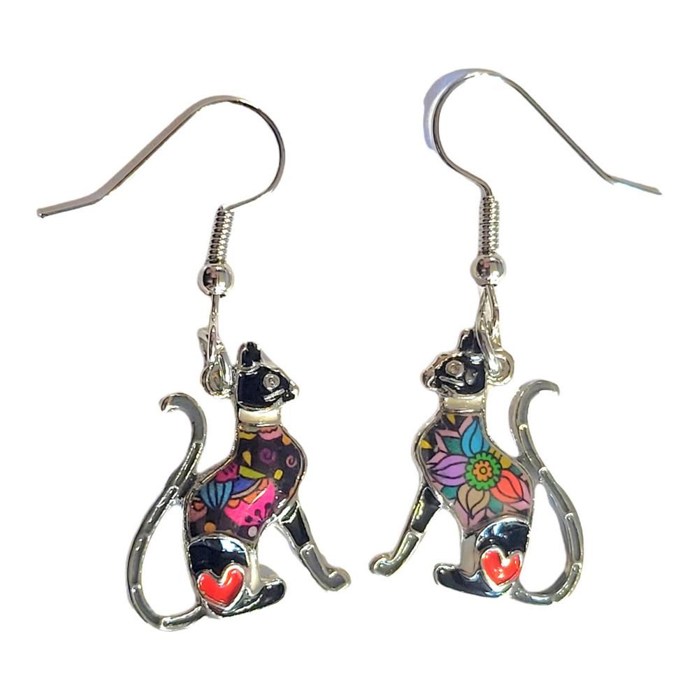 Silver-Tone Multi-Color Hodge Podge Enamel Black Cat Drop Earrings